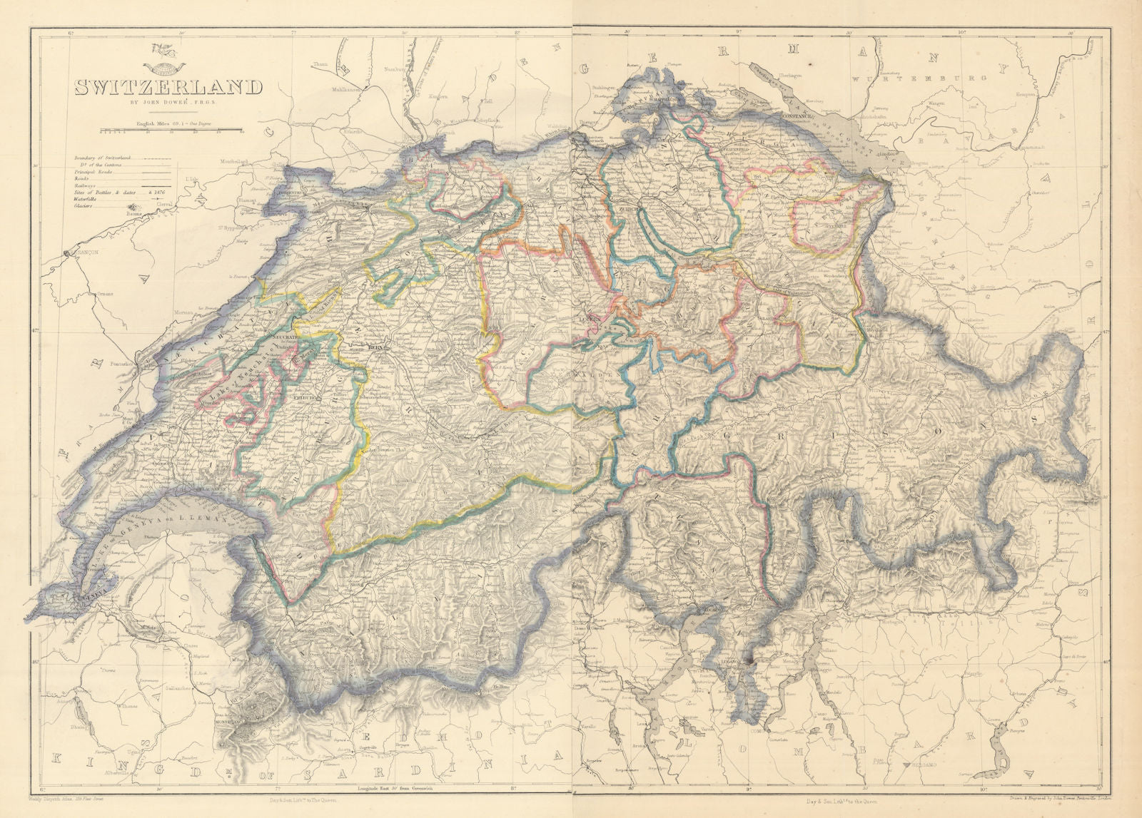 SWITZERLAND. Shows battles/dates railways. DOWER. Dispatch atlas 1863 old map